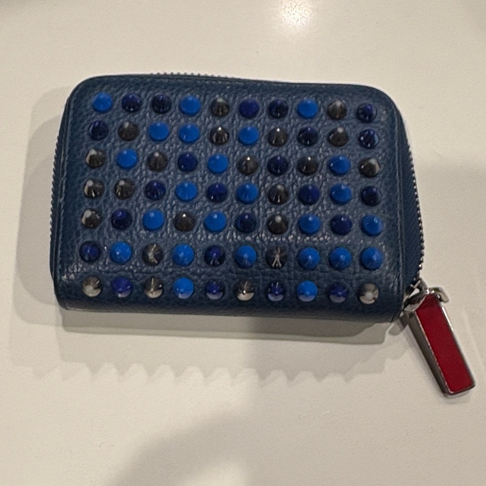 Christian Louboutin Blue Studded Zip Wallet with Red Zip Pull